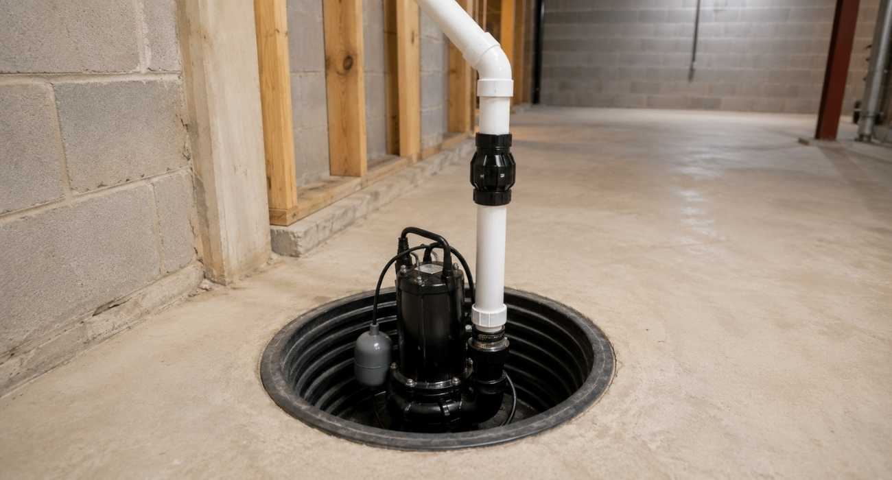Professional sump pump installation in a residential basement showing a submersible sump pump, discharge pipe, and waterproof drainage system.