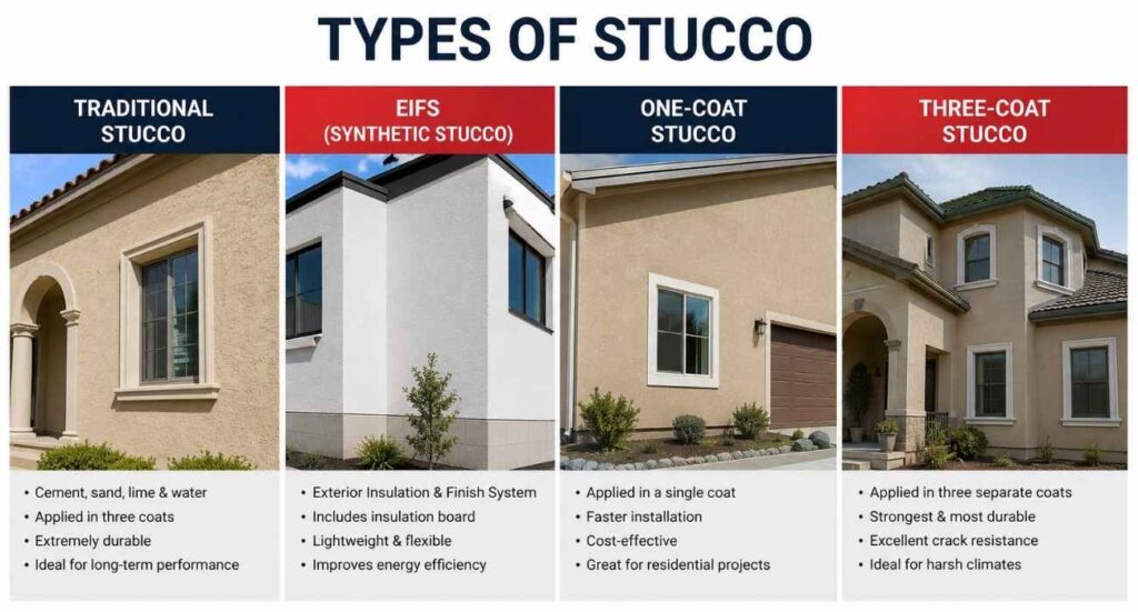 Comparison of stucco systems showing traditional stucco, EIFS, one-coat stucco, and three-coat stucco for residential and commercial buildings.