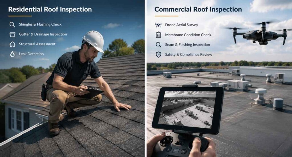 Different types of roof inspection services, including visual roof inspection and drone roof inspection for residential and commercial roofing systems.