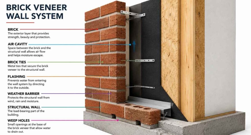 Cross-section showing the components of a brick veneer wall system.