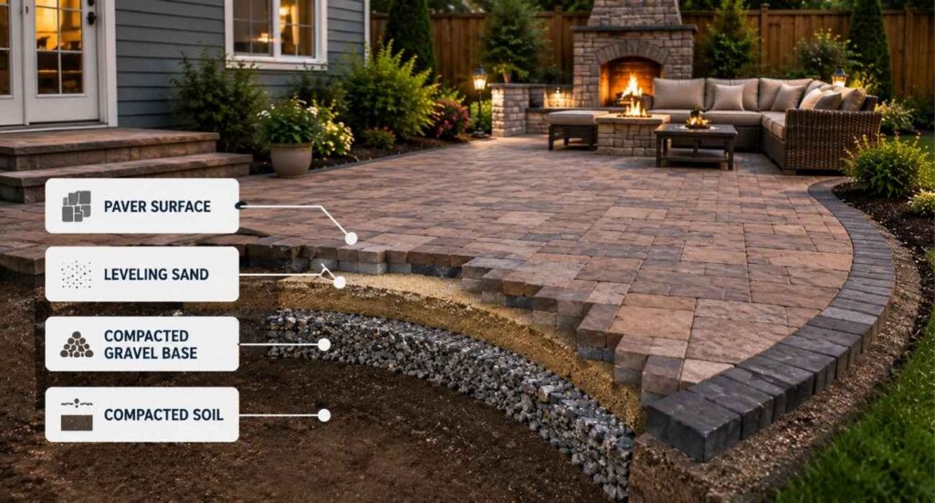 Patio construction cross-section showing paver layers, leveling sand, crushed stone base, and compacted soil for a durable outdoor patio installation.