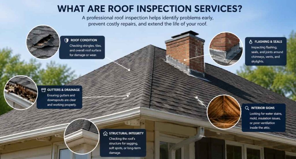Professional roof inspection services infographic showing roof components inspected, including shingles, flashing, gutters, attic, and structural integrity.