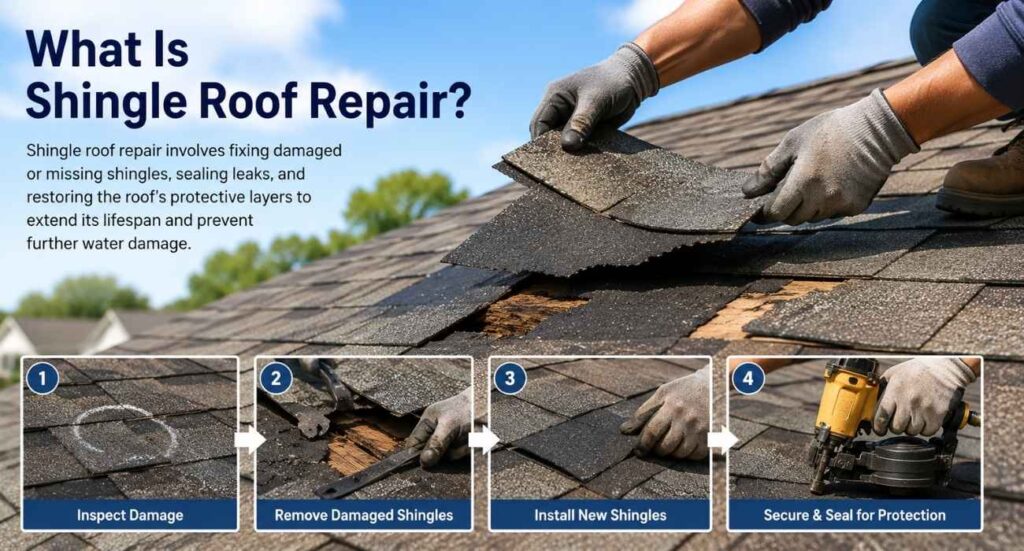 Professional shingle roof repair process showing damaged asphalt shingles being replaced with new shingles