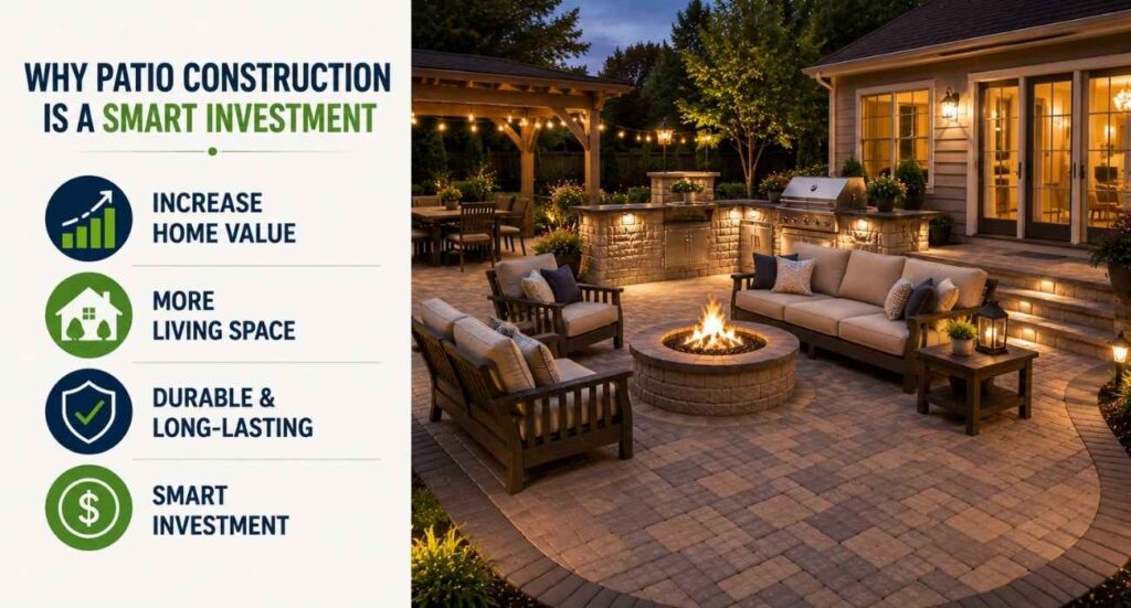 Patio construction infographic highlighting the benefits of a modern paver patio, including increased home value, expanded outdoor living space, durability, and long-term investment.