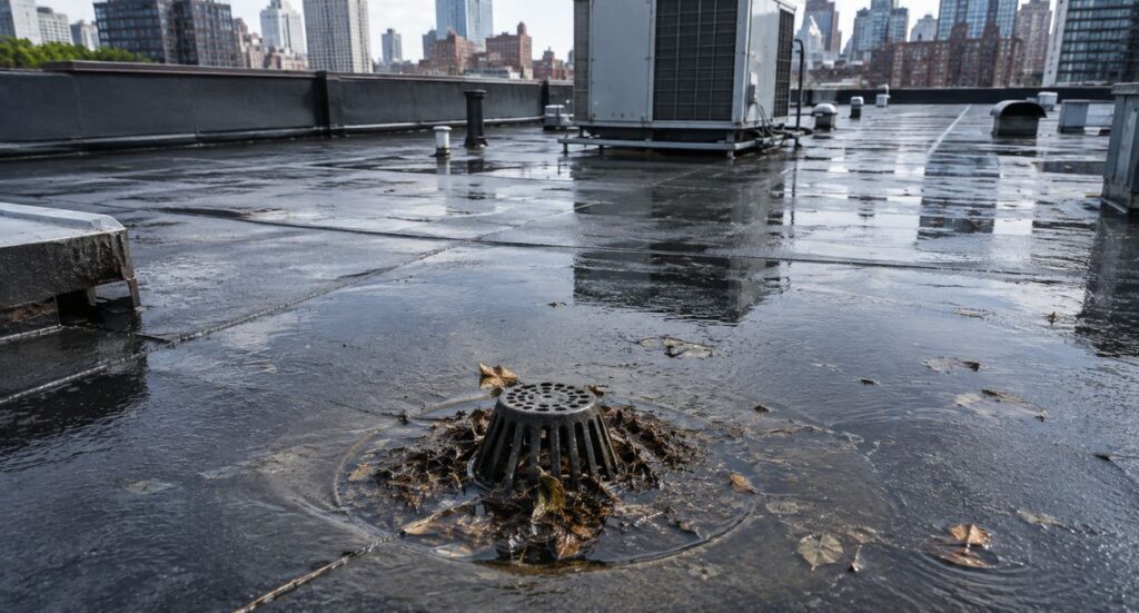 Ponding water around a clogged drain on a commercial flat roof