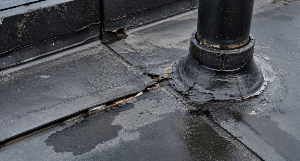 Flat Roof Repair showing a damaged membrane seam and deteriorated flashing around a rooftop pipe.