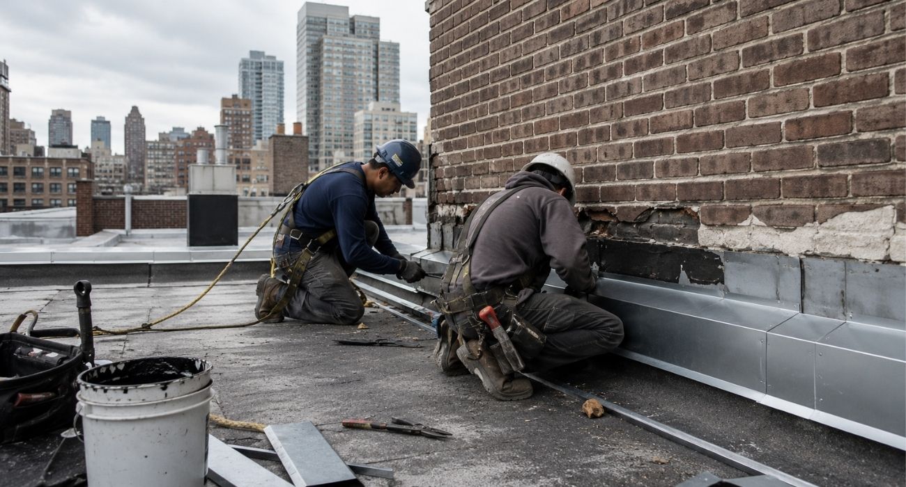 roof flashing repair on NYC commercial building