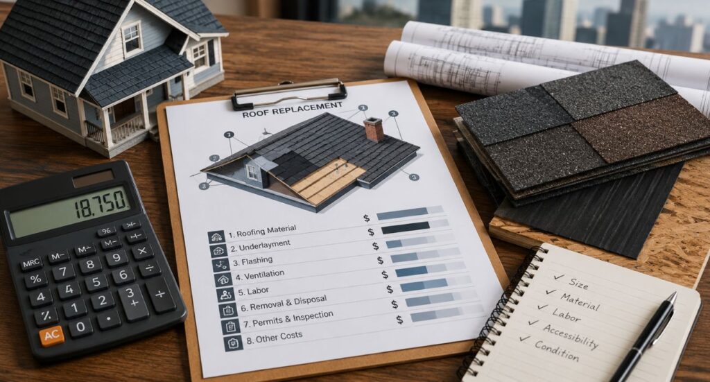 Roof replacement cost planning with roofing materials, cost factors, and roof diagram