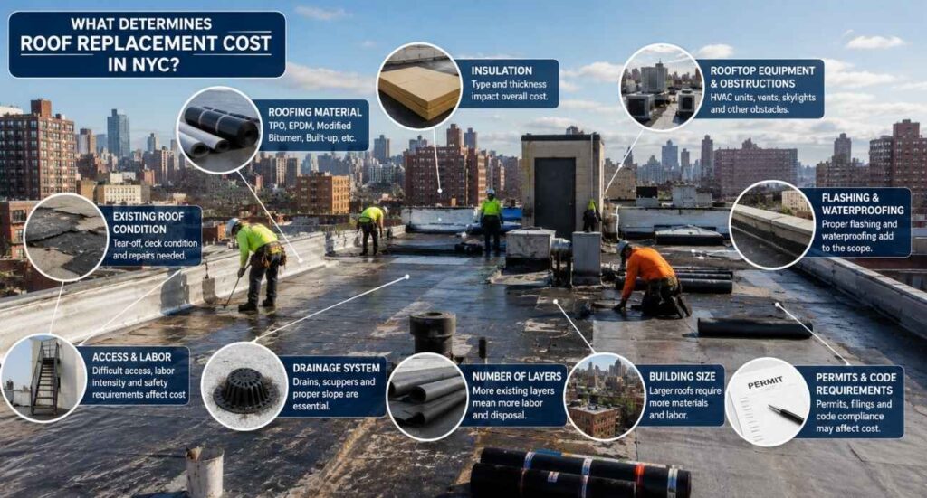 Factors affecting roof replacement cost in NYC, including roof size, material, condition, drainage, access, labor, and permits.
