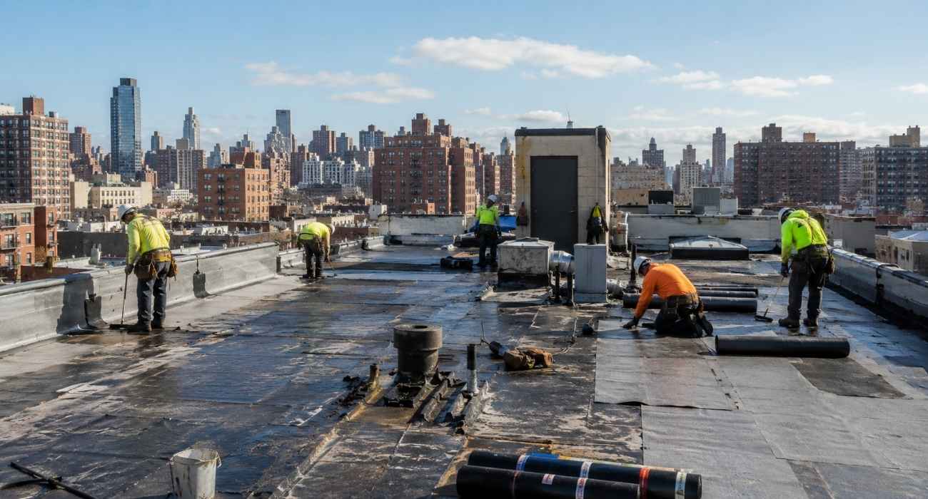 NYC multifamily building undergoing flat roof replacement with professional roofing crew on the rooftop.