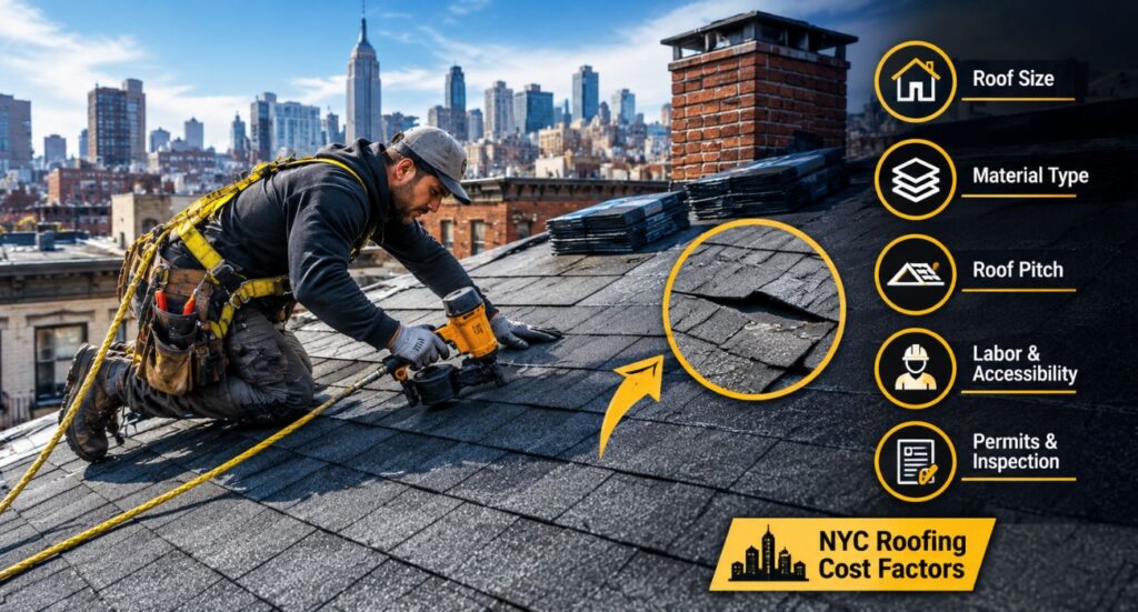 NYC roofing cost factors including roof size, material type, roof pitch, labor, accessibility, permits, and roof condition.