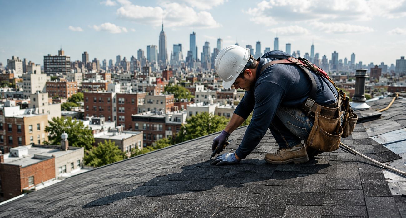Professional roofer installing asphalt shingles on a New York City rooftop, illustrating roofing cost and roof replacement expenses.