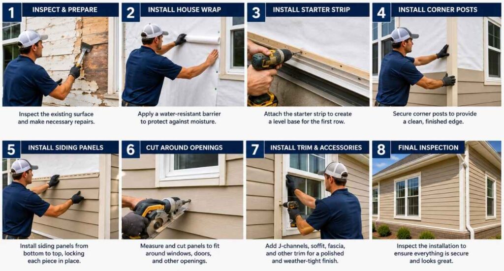 Step-by-step siding installation process showing wall preparation, house wrap, trim installation, siding panels, and final inspection