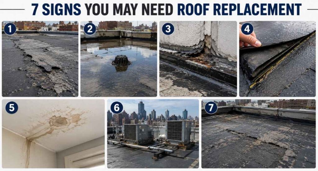 7 signs you may need roof replacement, including widespread damage, ponding water, damaged flashing, multiple roofing layers, frequent leaks, an aging roof, and sagging areas.