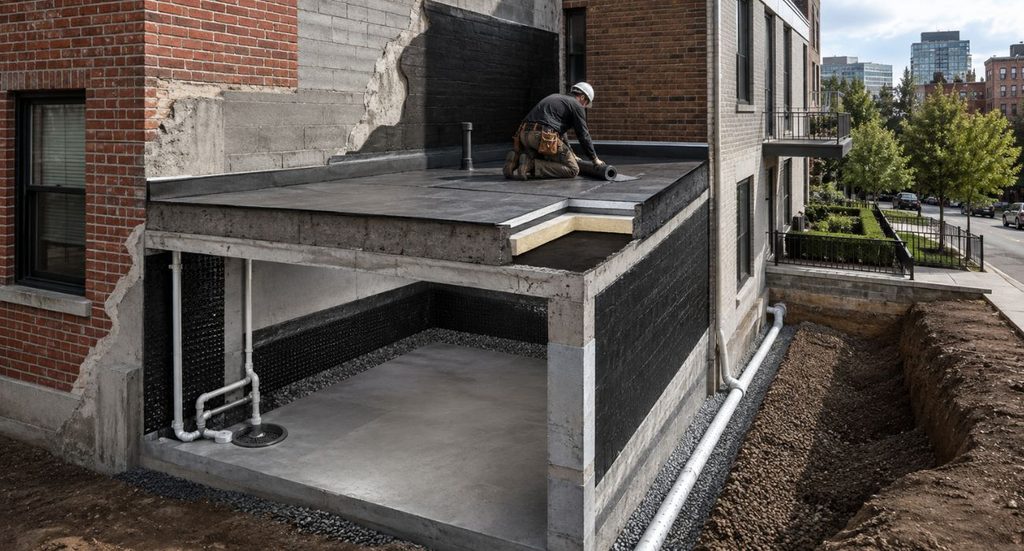 Cutaway view of a New York City building showing basement and foundation waterproofing, roof membrane protection, and exterior drainage installation.