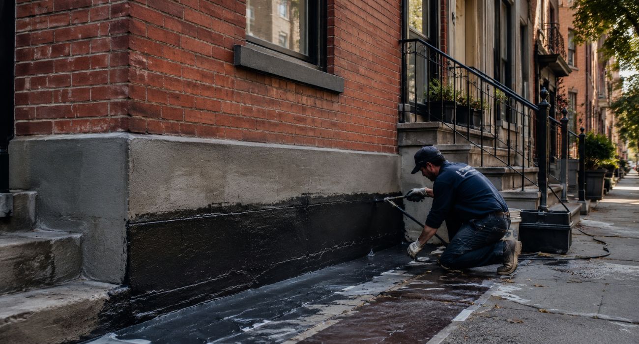 Waterproofing company applying exterior foundation waterproofing to an NYC brownstone to prevent water intrusion.