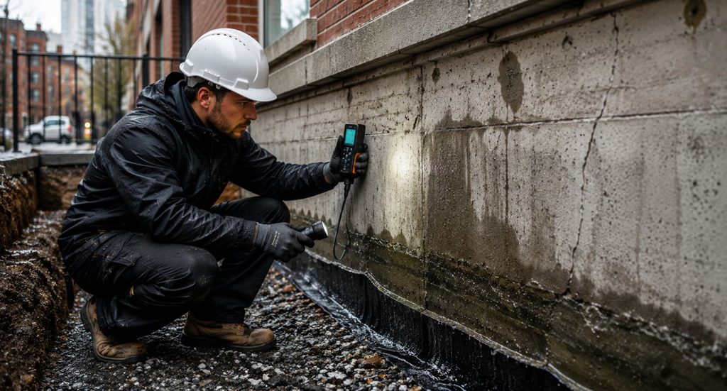 Waterproofing company contractor inspecting a damp, cracked NYC foundation wall with a moisture meter and flashlight.