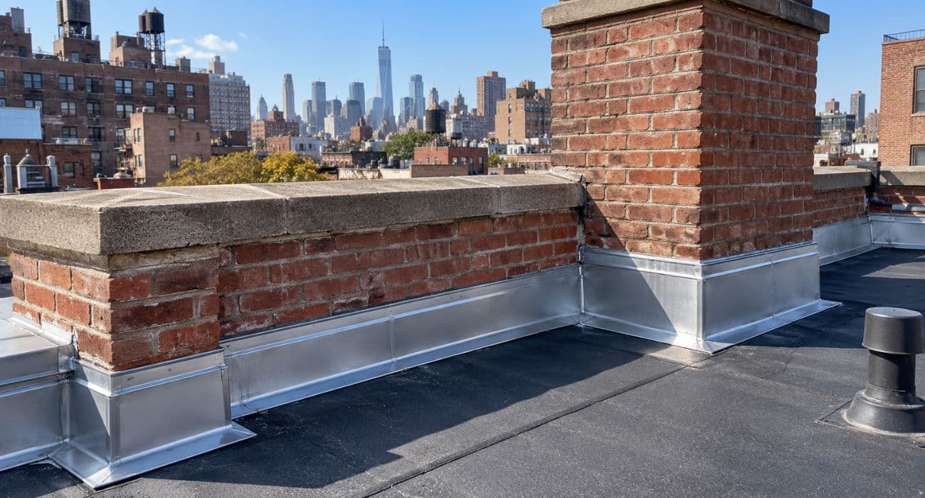 Roof flashing installed around a brick parapet wall on an NYC building
