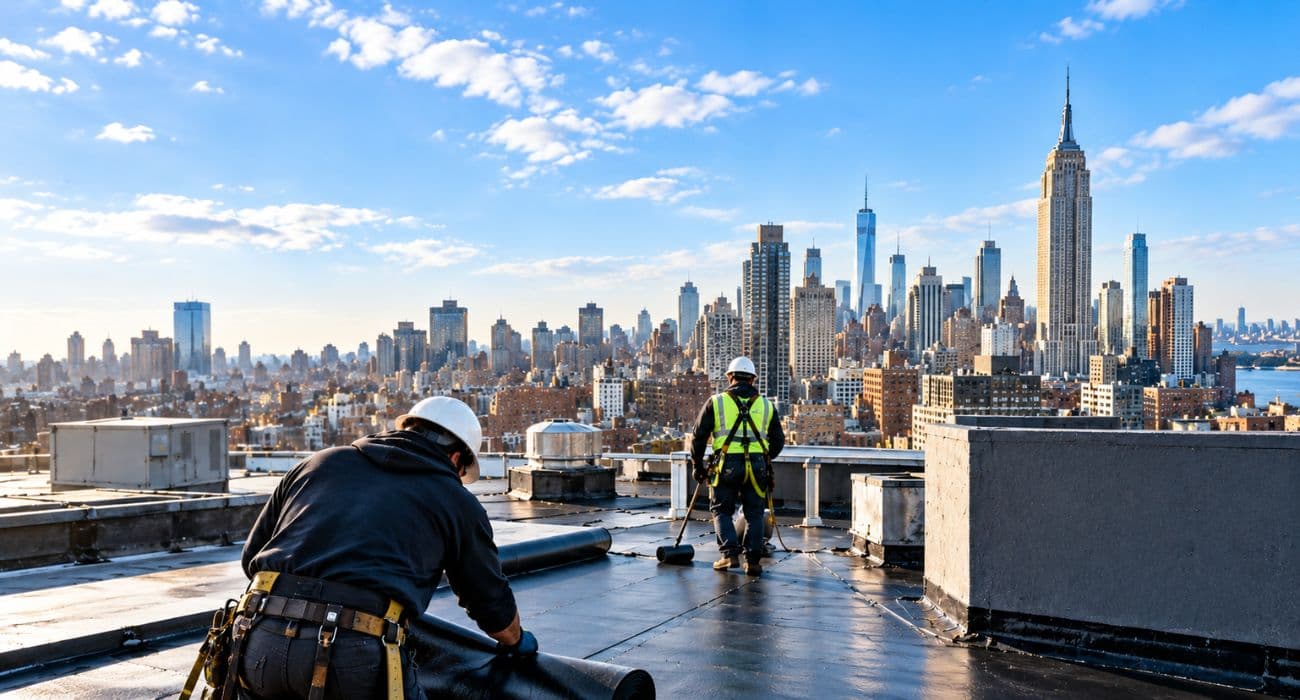 Professional commercial roof replacement work on a NYC rooftop with roofers installing a new membrane and Manhattan skyline in the background.