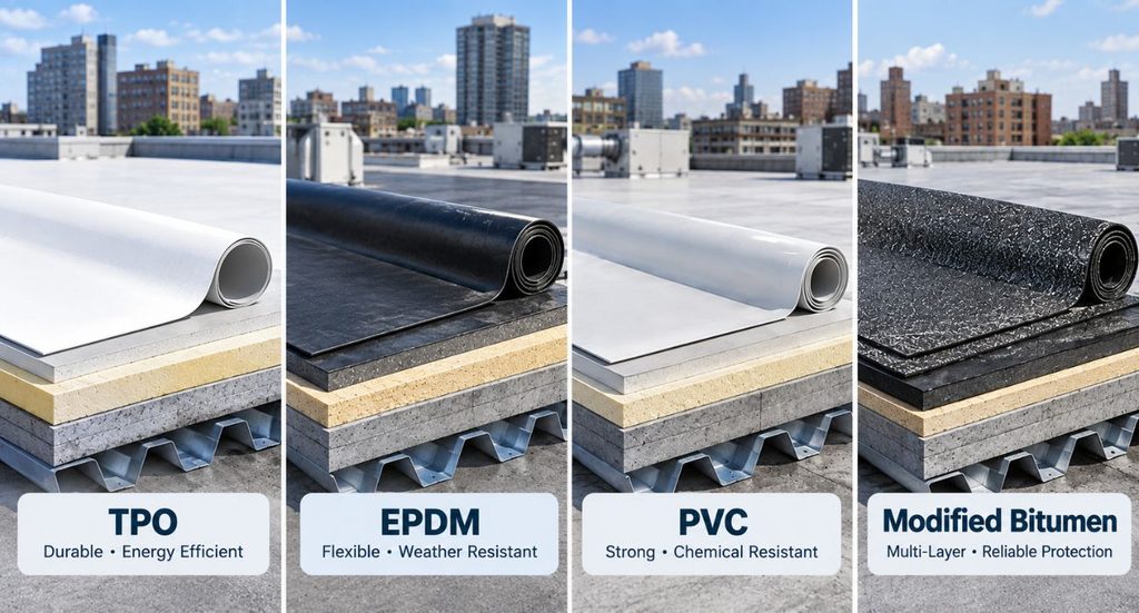Commercial roofing systems including TPO, EPDM, PVC, and modified bitumen