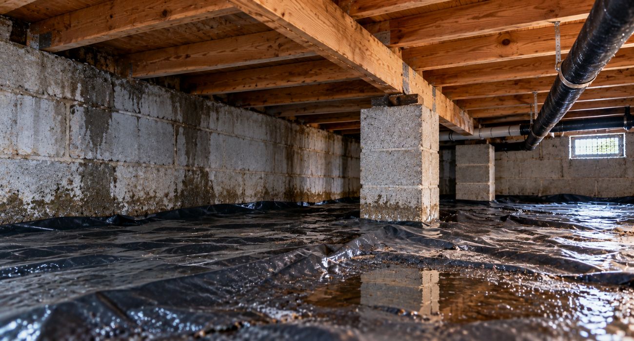 Crawl space moisture with standing water, damp foundation walls, and wet ground beneath a building.