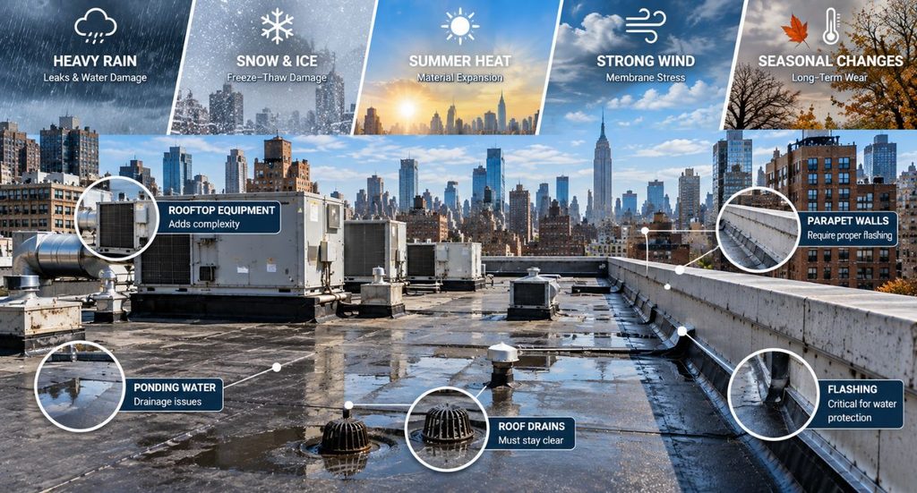 NYC commercial rooftop showing weather, drainage, parapet walls, flashing, and rooftop equipment