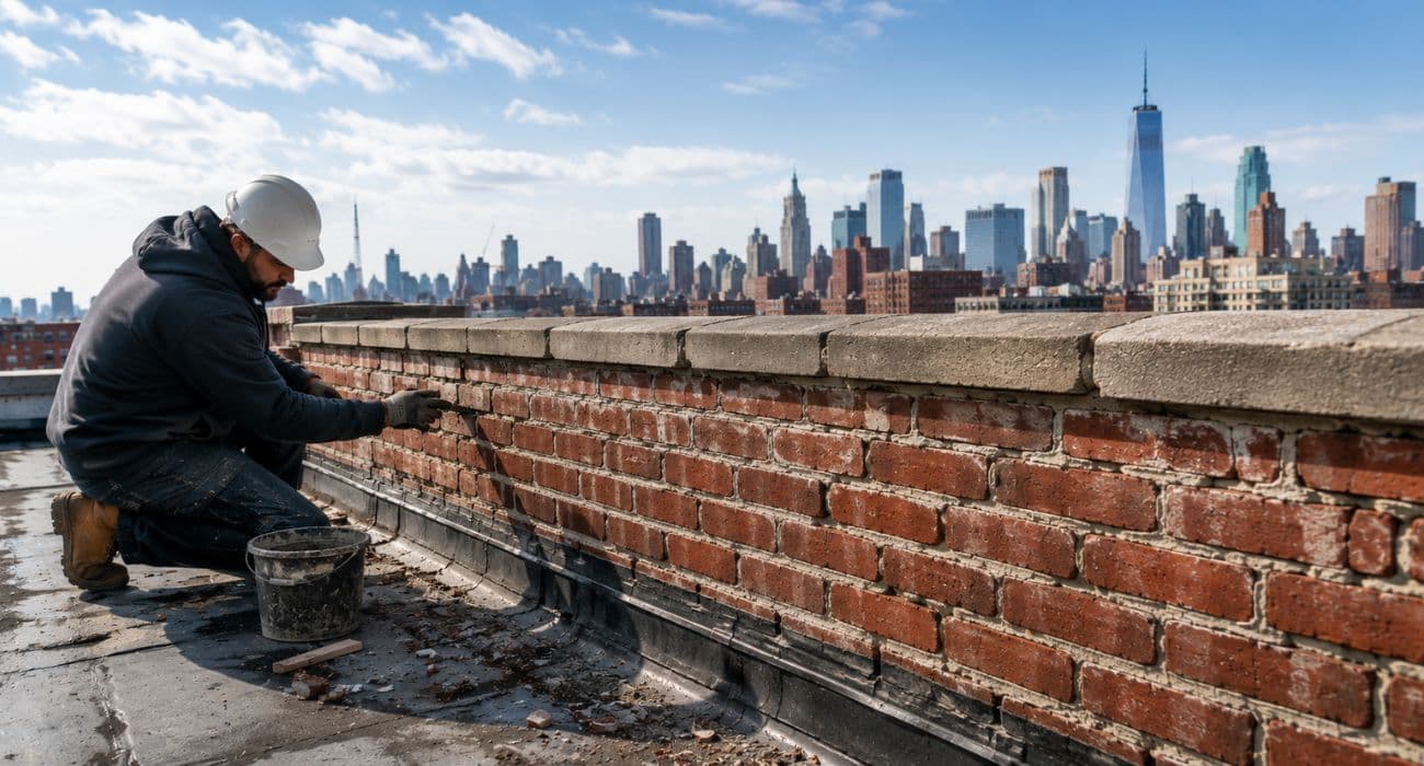Parapet brick wall being inspected and repaired on an NYC rooftop