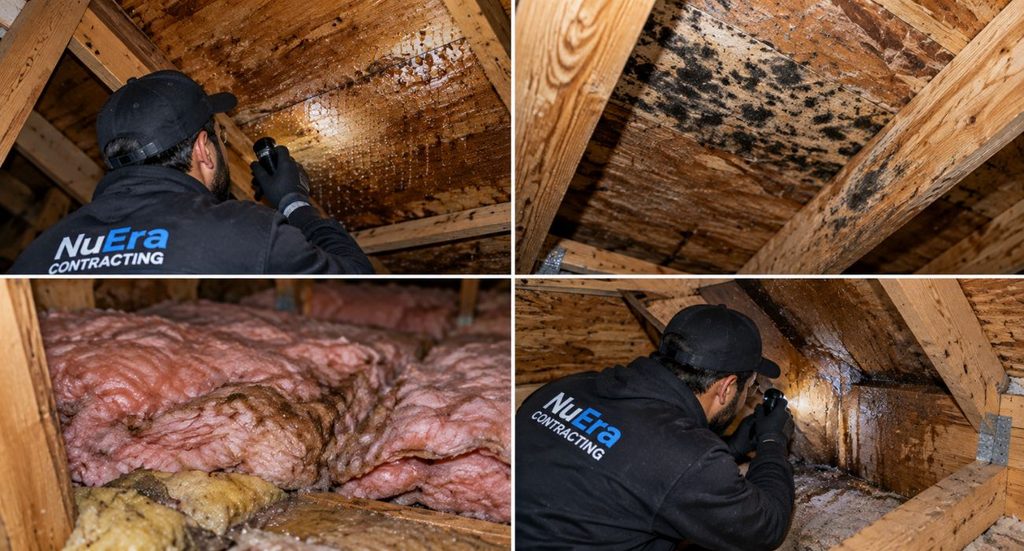 Signs of poor roof ventilation including attic moisture, mold, condensation, and damaged insulation