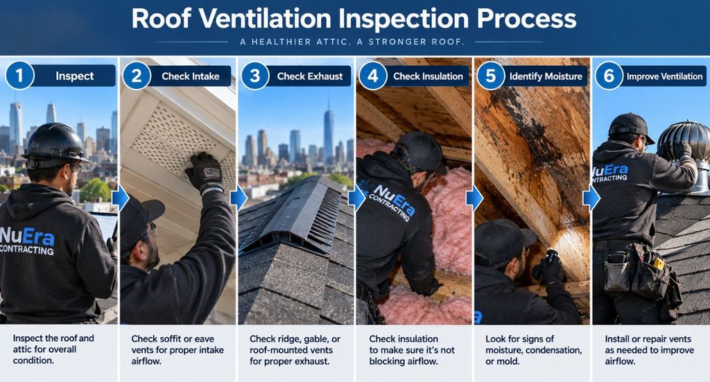 Roof ventilation inspection process showing intake, exhaust, insulation, moisture, and ventilation checks