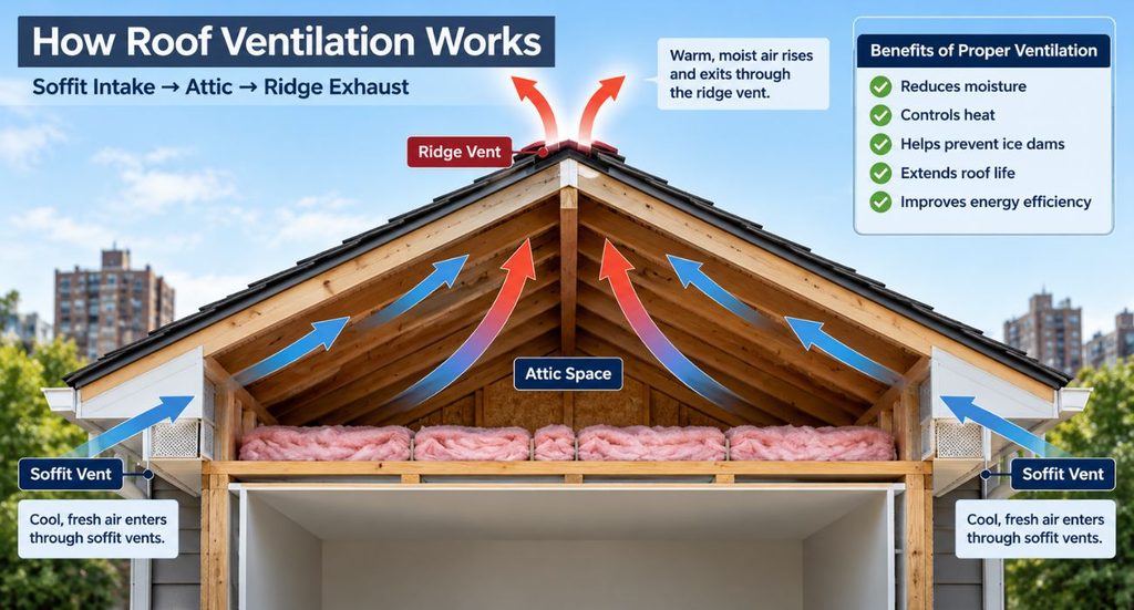 Diagram showing roof ventilation airflow from soffit vents through the attic to ridge exhaust