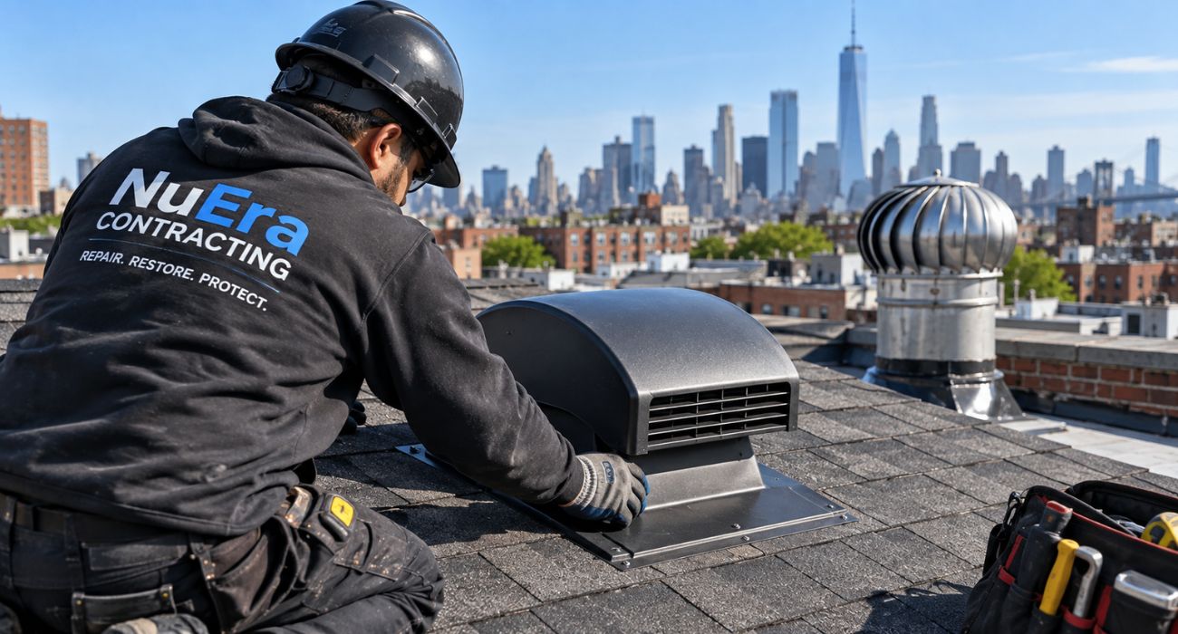 Professional contractor installing a roof vent on an NYC rooftop