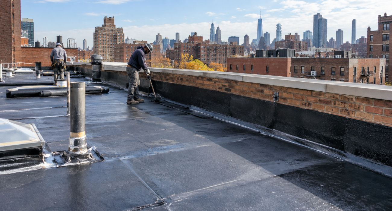 Professional roof waterproofing on a flat roof in NYC