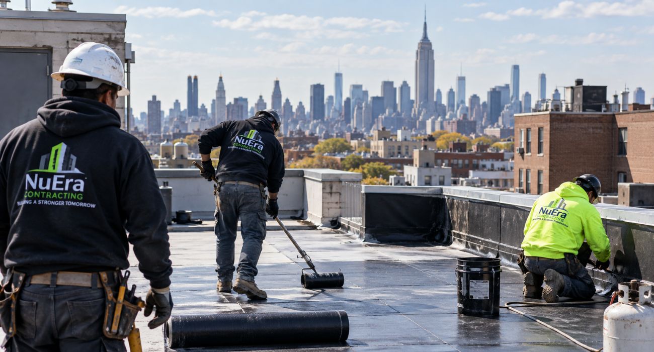 Professional roofing contractors working on a flat roof in NYC