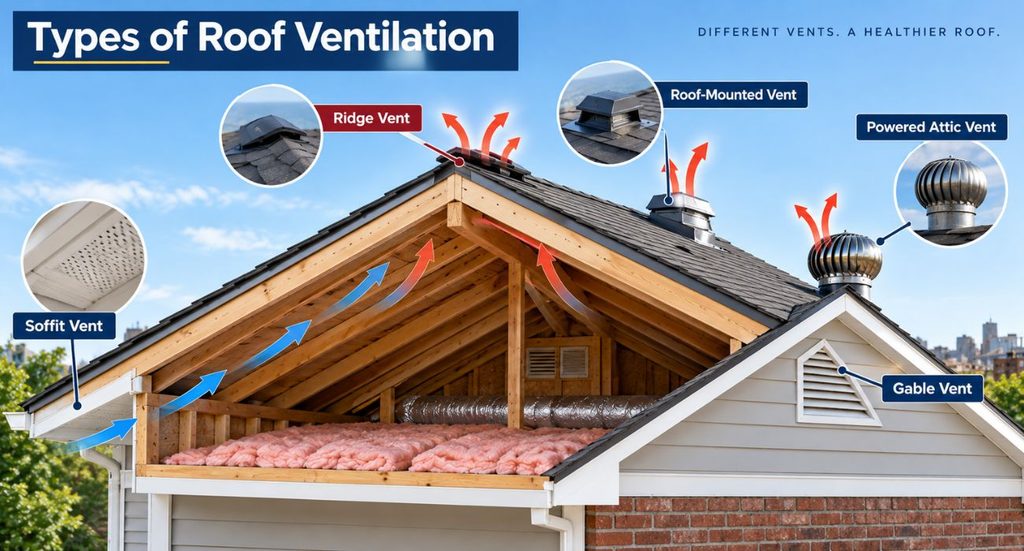 Types of roof ventilation including soffit, ridge, gable, and roof-mounted vents