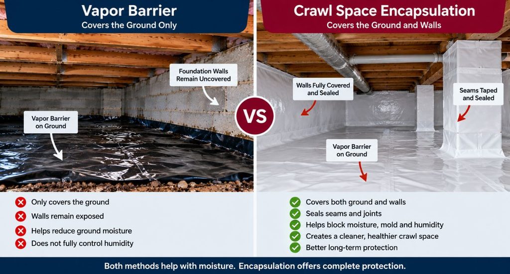 Vapor barrier vs crawl space encapsulation showing ground-only moisture protection compared with sealed floors and foundation walls.