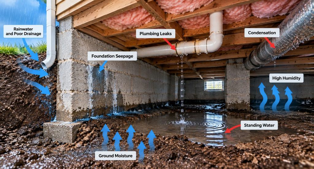 Crawl space moisture diagram showing ground moisture, foundation seepage, plumbing leaks, condensation, high humidity, and standing water.