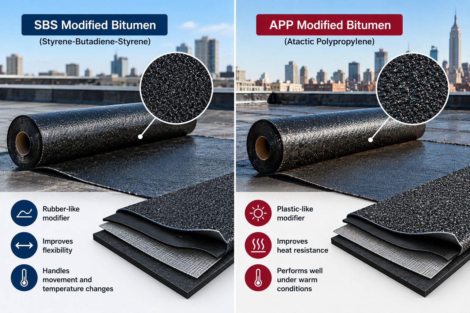 SBS vs APP modified bitumen roofing comparison showing membrane layers, flexibility, and heat resistance for flat roof systems.