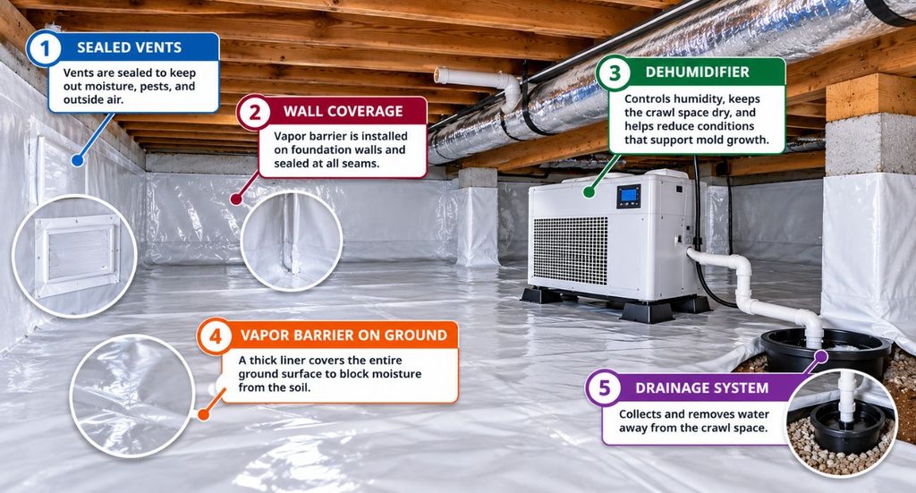 Crawl space encapsulation diagram showing sealed vents, foundation wall vapor barriers, a ground moisture liner, a dehumidifier, and a drainage system to help control moisture and humidity.