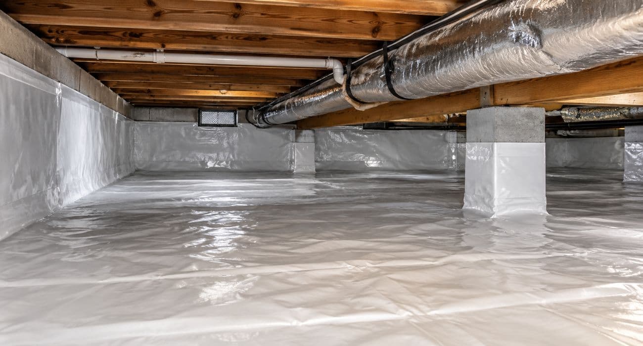 Crawl space encapsulation with a vapor barrier covering the ground and extending up foundation walls to help control moisture.