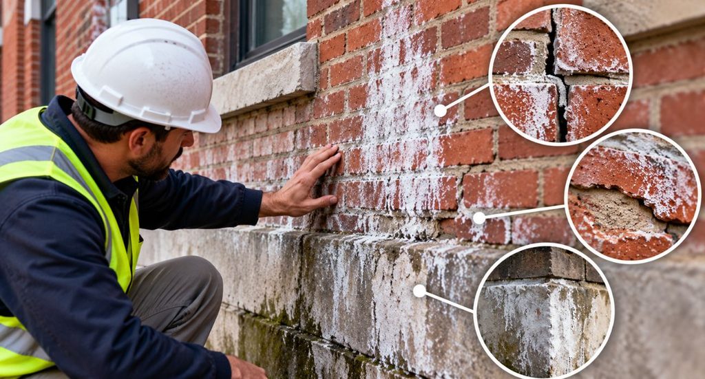 Masonry inspection showing efflorescence, cracked mortar joints, spalled brick, and moisture damage requiring repair.