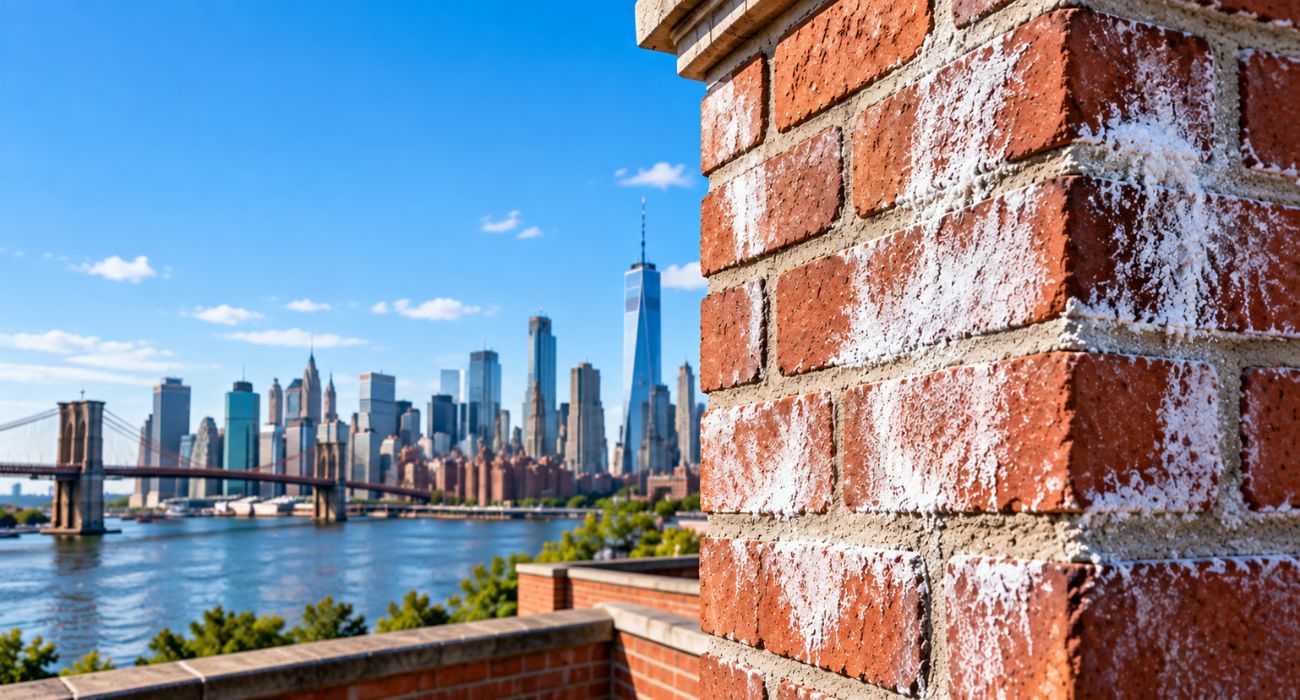 Red brick wall with white efflorescence deposits in a New York City setting.