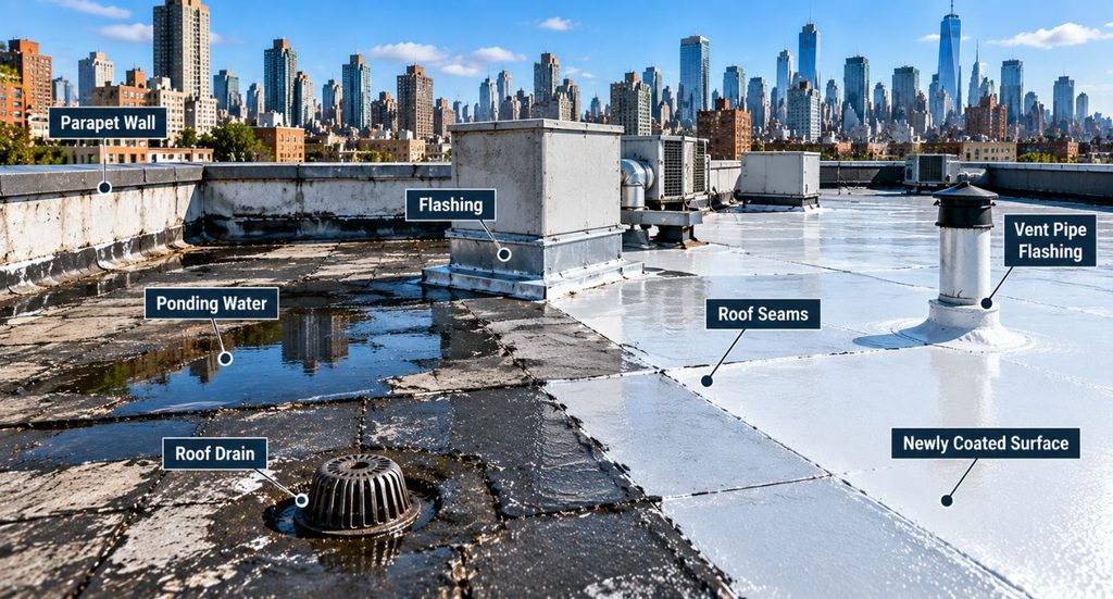 Flat roof restoration showing flashing drains seams and roof coating
