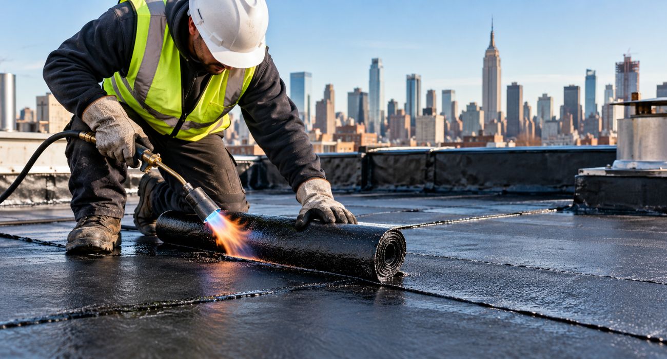 Modified Bitumen Roof Repair by a professional roofer installing a flat roof membrane on an NYC building.