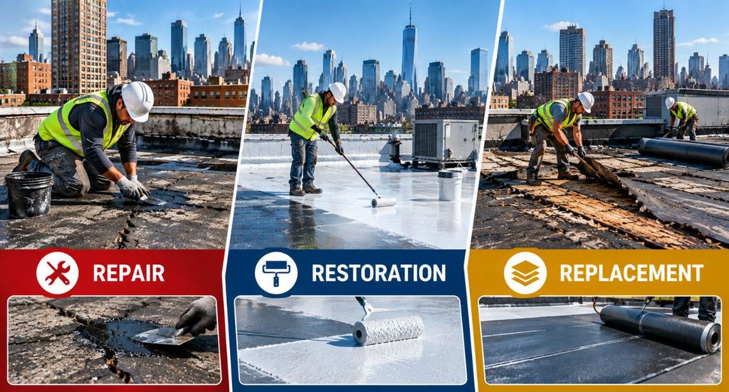 Roof repair, restoration, and replacement comparison on an NYC flat roof