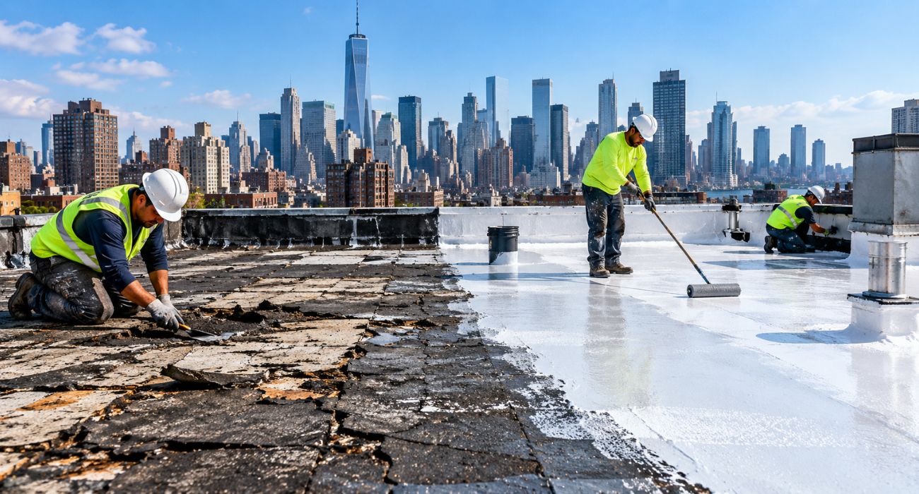 Roof restoration work on an NYC building with workers applying roof coating