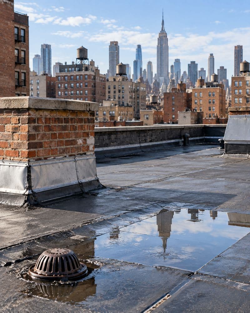NYC rooftop with roof drainage, parapet flashing, and surrounding buildings
