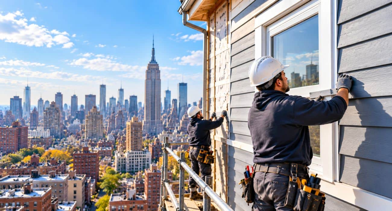 Siding replacement on a multi-story building in NYC with workers installing gray exterior siding.