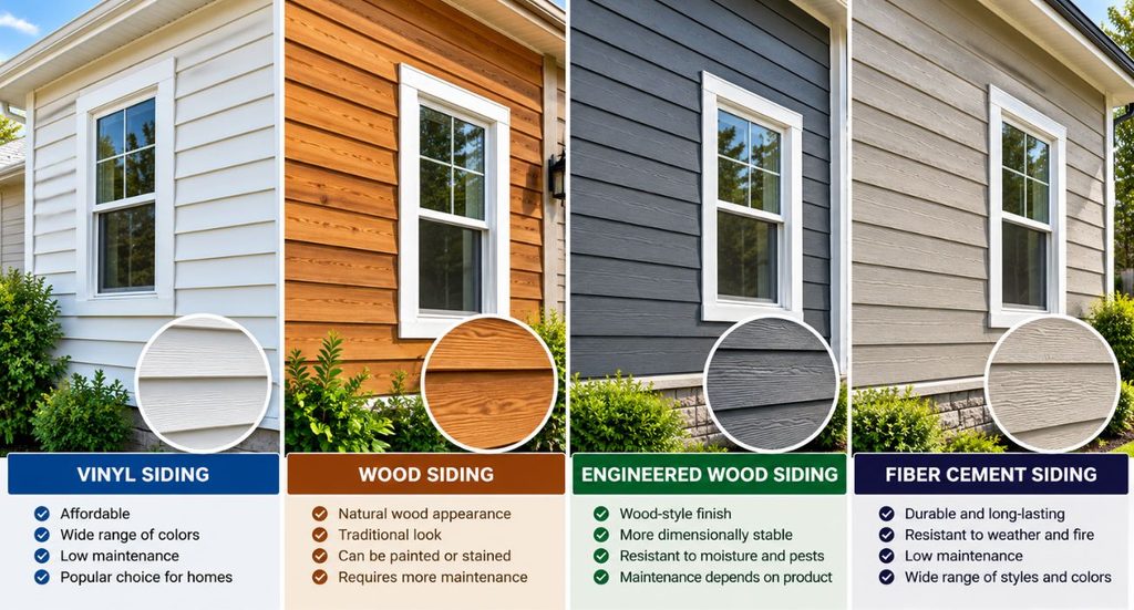 Siding Replacement Cost comparison of vinyl, wood, engineered wood, and fiber cement siding