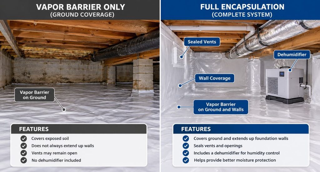Crawl space encapsulation cost comparison showing a ground-only vapor barrier versus full encapsulation with sealed foundation walls, covered vents, and a dehumidifier.