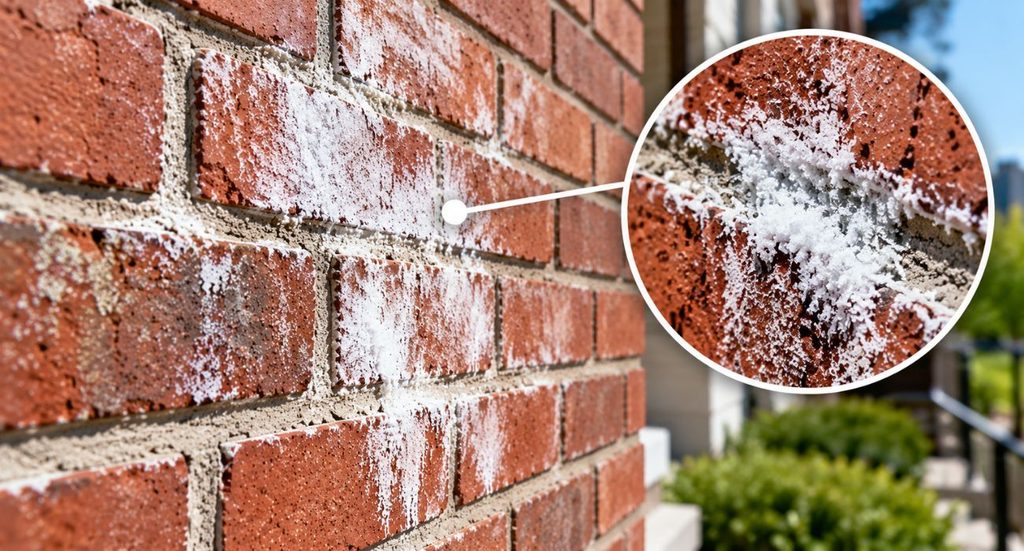 Close-up brick wall showing white efflorescence deposits and crystalline mineral buildup.